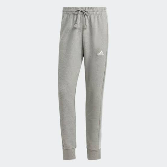 ESSENTIALS FRENCH TERRY TAPERED CUFF 3-STRIPES JOGGERS - Medium Grey Heather / White
