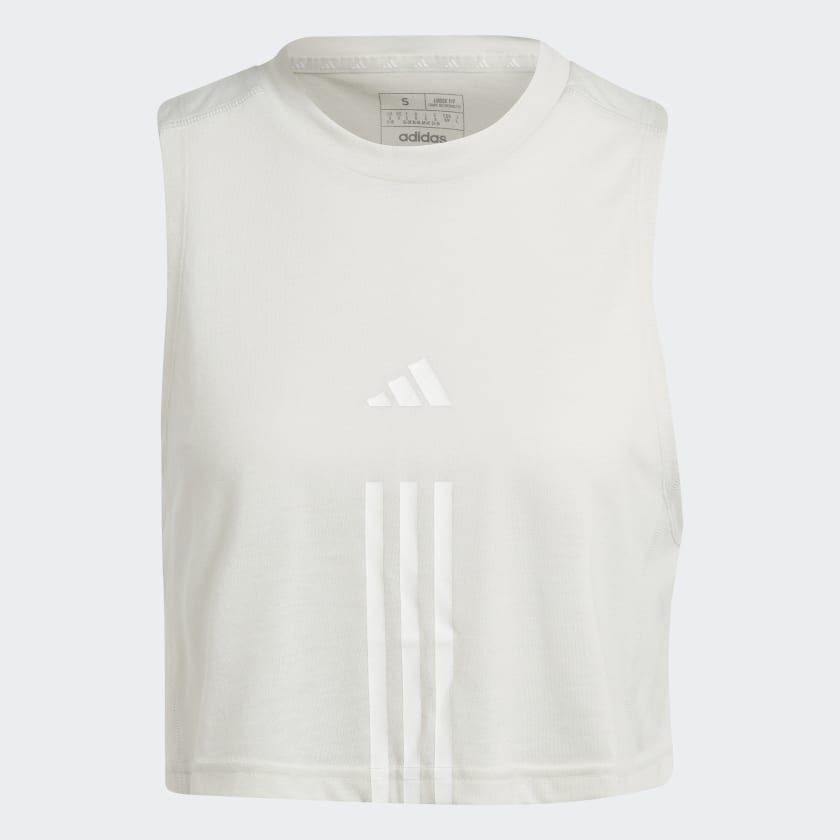 TRAIN ESSENTIALS TRAIN COTTON 3-STRIPES CROP TANK TOP - Orbit Grey / White