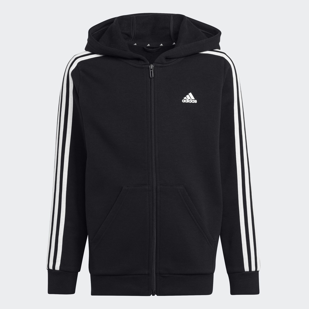 ESSENTIALS 3-STRIPES FLEECE FULL-ZIP HOODIE - Black / White