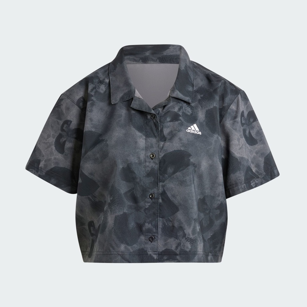 FLORAL GRAPHIC CROPPED WOVEN POLO SHIRT  - Grey Five