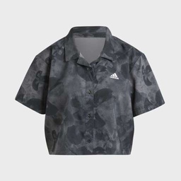 FLORAL GRAPHIC CROPPED WOVEN POLO SHIRT  - Grey Five
